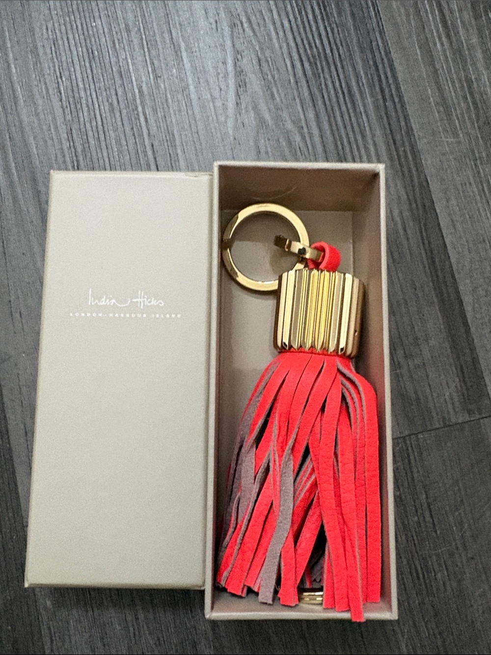 India Hicks Coral and Gray Tassel Keyring with Gold Hardware